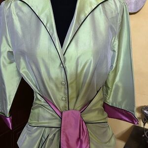 Marisa Baratelli Thai Silk Blouse, Size S/M, Green & Pink